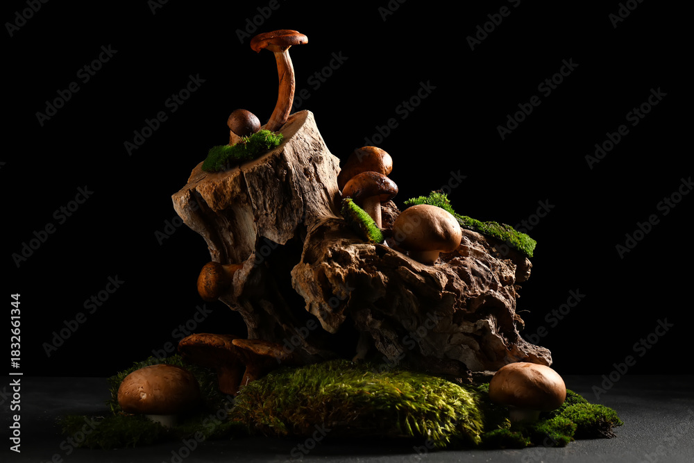 Obraz premium Tree bark, moss, dried leaves and fresh mushrooms on black grunge background, closeup