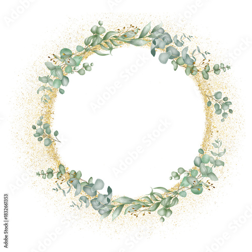 Watercolor flower wreath with gold circle frame.
