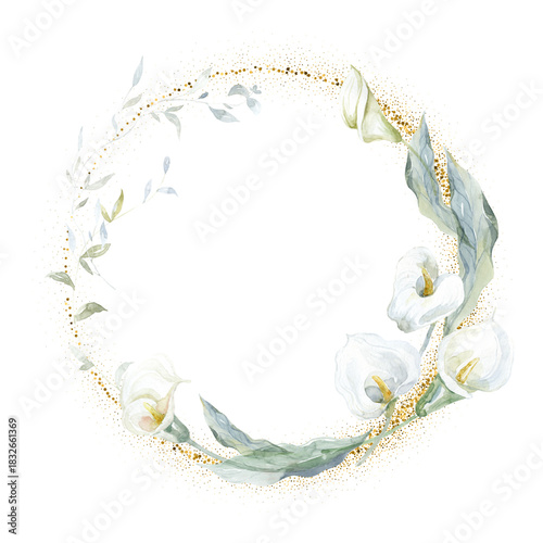 Watercolor flower wreath with gold circle frame.
