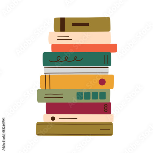 Vector illustration in flat cartoon style with stack of colorful books collection, reading novels and library atmosphere, home reading corner, cozy literature set for education and editorial use