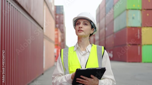At container yard, Portrait of caucasian female engineer in uniform monitors operations using a tablet. She ensures continued safety and efficiency while looking at the camera and smiling confidently.