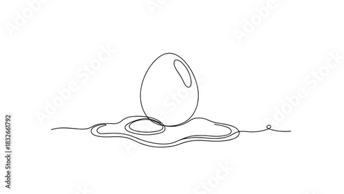 Line art of an egg resting on a puddle of liquid 
