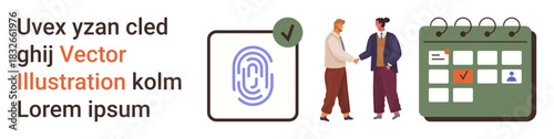 Identity verification, business partnerships, time management, secure data, appointments, productivity tools. Fingerprint authentication, handshake and calendar icons. Identity verification