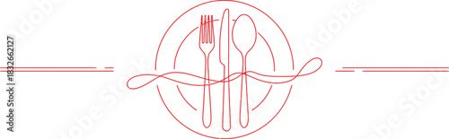 Restaurant cutlery setting on plate, simple red line art design Vector