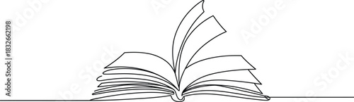 Open book line art with flying pages on white background Vector