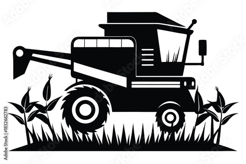 combine harvester black and white silhouette on white background