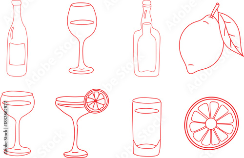 Hand drawn cocktail and fruit illustration in pink outline