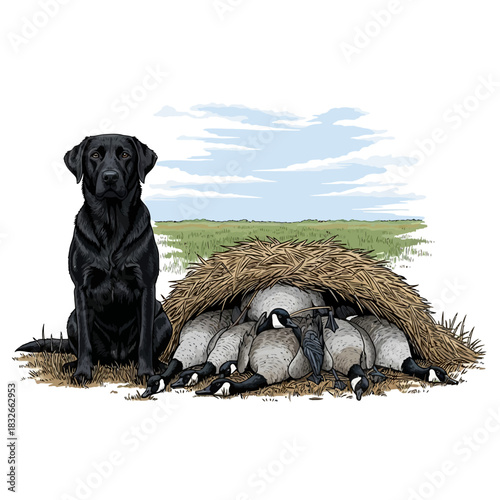 Black Labrador Retriever sitting beside harvested Canadian geese in a straw blind.