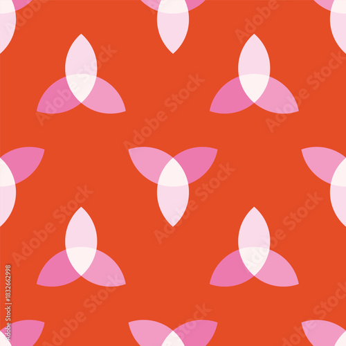 Three petals forming triangle shapes, creating a minimalist floral effect in shades of pink and off white on orange background. Abstract geometric seamless vector pattern. Great for home decor, fabric