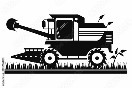 combine harvester black and white silhouette on white background