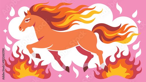 Fiery Orange Horse with Flaming Mane Galloping Amidst Smoke and Sparkles