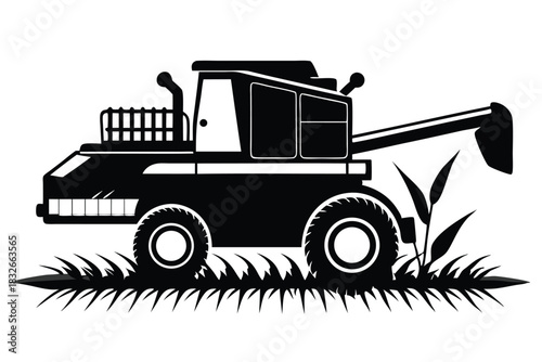 combine harvester black and white silhouette on white background