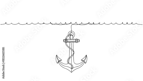 Continuous line art of an anchor with rope a one-line minimalist drawing