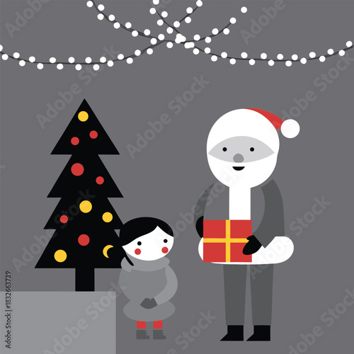 Jolly Santa Claus offers a special holiday present to a young girl