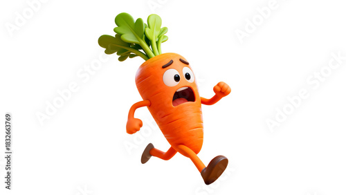Animated carrot character running with expressive face and green leafy top