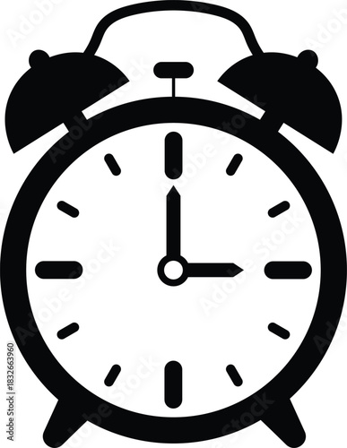 Black alarm clock icon showing 3 oclock with two bells on top time