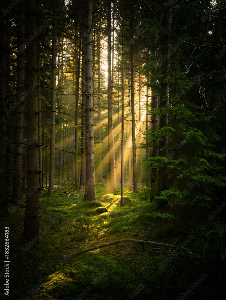 Fototapeta premium Sunlight Streaming Through Tall Evergreen Trees in Forest Creating Beautiful Light Rays and Shadows Nature Scene with Moss Covered Ground and Greenery at Tranquil Woodland