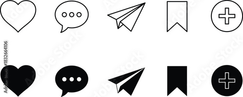 Black and white social media icons heart chat paper plane bookmark plus sign heart icon chat bubble icon