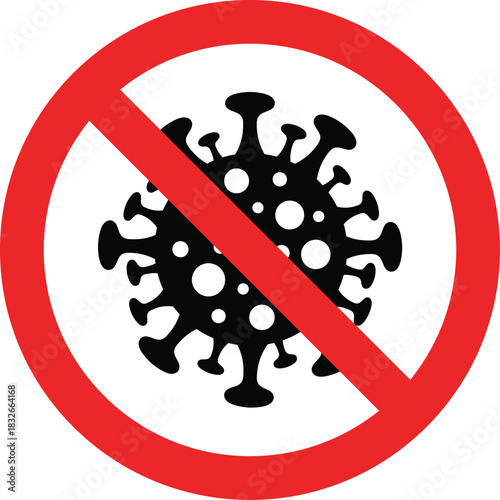 Black coronavirus icon with red prohibition symbol on white background covid 19 pandemic