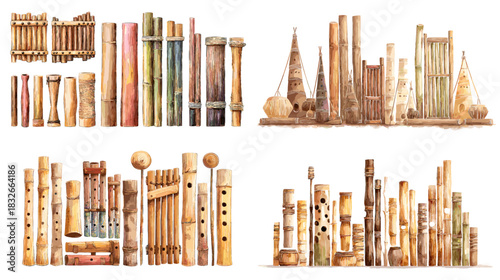A detailed collection of bamboo and wooden flutes showcasing diverse traditional wind instruments, natural textures, and handcrafted musical designs from various cultures.