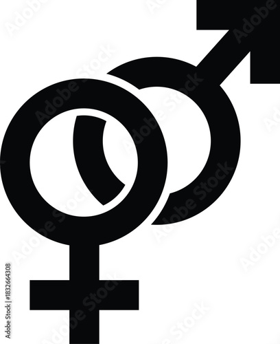 Black male and female gender symbols intertwined on white background male symbol female symbol