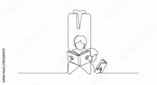 Minimalist line art illustration of a person reclining in a chair reading a book with a small book