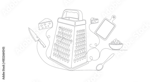 Minimalist Line Drawing of Kitchen Utensils and Cooking Ingredients Illustration