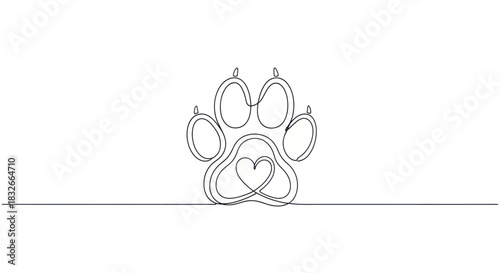 Delicate line drawing of a whimsical canine paw print with a heart-shaped pad in minimal style