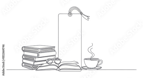 Minimalist workspace illustration showcasing a stack of books reading glasses a steaming coffee