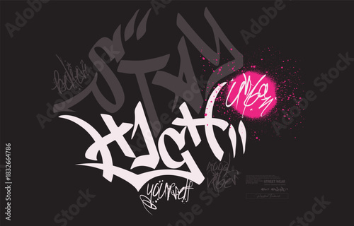 Tees art, graffiti slogan print with neon spray, t shirt graphics graffiti print vector illustration design, Urban typography hipster street art for graphic t- shirt.eps