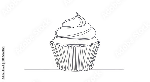 Minimalist Line Drawing of a Scrumptious Cupcake with Swirled Frosting and Wrappers
