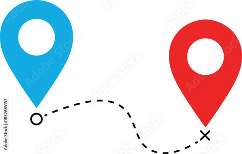 Blue and red location pins connected by dashed line on white background map pin location marker