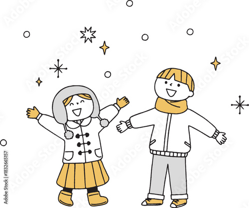 雪が降って喜ぶ子供達単色