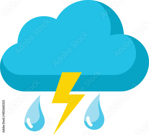 Bright blue storm cloud with yellow lightning bolt and falling raindrops weather precipitation