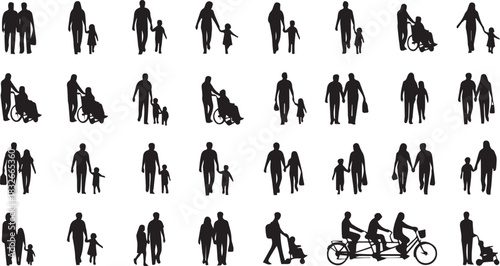Big set of walking family silhouettes. Parents, children, baby stroller, and wheelchair users vector collection.
