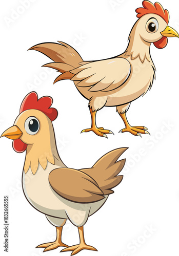 Hen and chicken in a cute cartoon farm illustration