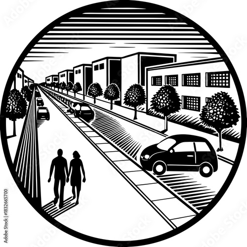 “Minimal urban environment with pedestrians and small hatchback cars.”