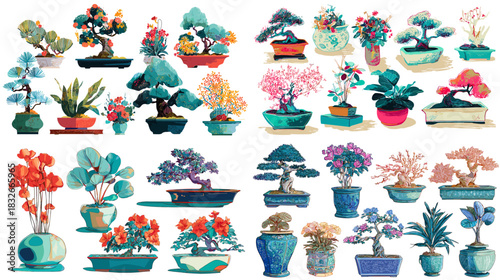 Artistic bonsai and potted plant illustrations in soft expressive colors, showcasing diverse botanical shapes for decor, gardening themes, and elegant natural designs.
