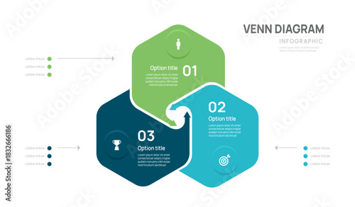 Hexagon venn diagram infographic template 3 area options for business vector illustration.