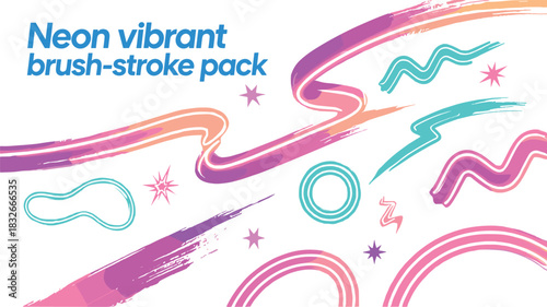 Abstract neon brush strokes and shapes in vibrant pink purple and teal background blue