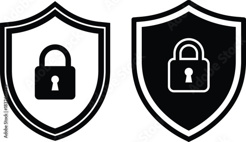 Two shield icons with padlocks one black one white security protection