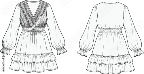 Bohemian long-sleeve mini dress technical flat with embroidered V-neck bodice, tiered ruffle skirt, waist tie, front and back vector illustration.