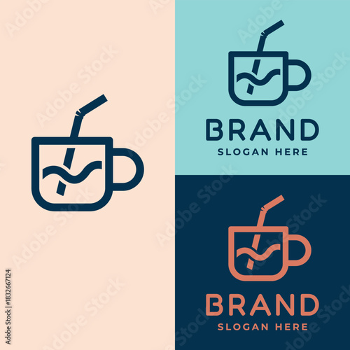 A minimalist logo featuring a cup or mug with a wavy drink and straw inside. The clean outline design gives a modern and fresh feel.