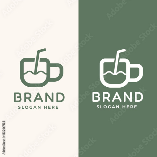 A minimalist line art logo featuring a drink cup with a straw. The wavy lines in the center create a dynamic and refreshing feel, ideal for beverage, smoothie, or cold coffee brands.