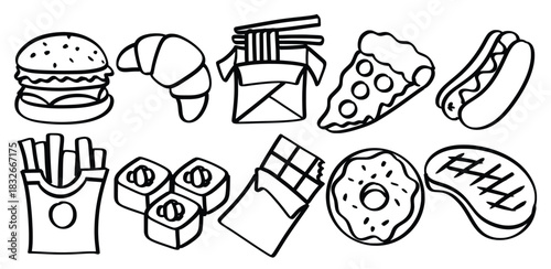 Set of hand drawn Fast food theme Isolated Vector