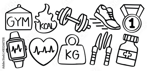 Set of hand drawn Sport and Fitness theme Isolated Vector
