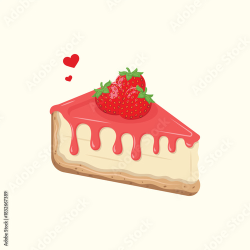A slice of cheesecake drizzled with glaze and topped with three strawberries. Cute sweet dessert vector illustration. Birthday cake.