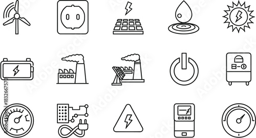 Collection of renewable energy, electricity production, power generation, industrial utilities, battery storage, solar and wind energy icons in modern outline vector style