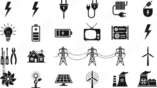Comprehensive electricity and power vector icon set featuring plugs, batteries, tools, generators, transmission towers, renewable energy symbols and industrial equipment.