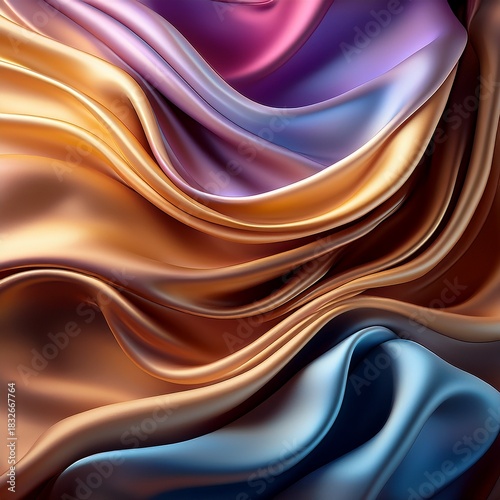 Abstract silk fabric background with flowing waves in gold purple and blue color elegant design wallpaper